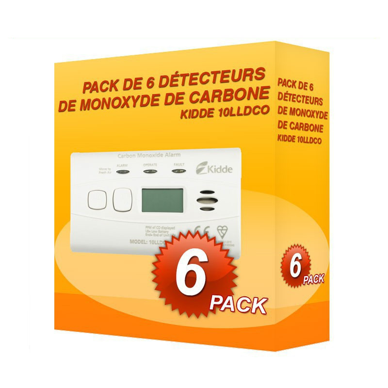 Pack von 6 detektoren, Kohlenmonoxid Kidde 10LLDCO